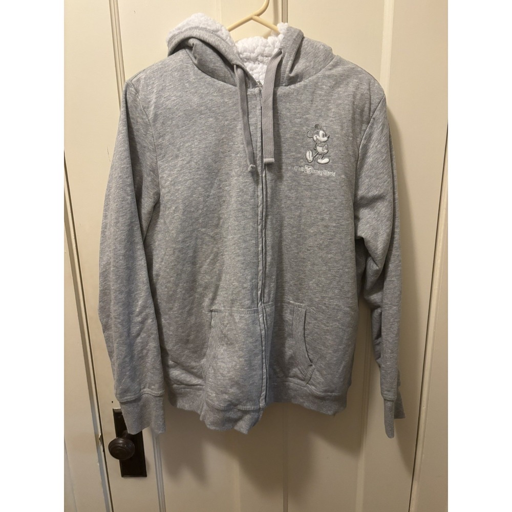 Walt Disney World Mickey Gray Jacket Fleece Sherpa Lined Full Zip Hoodie Large